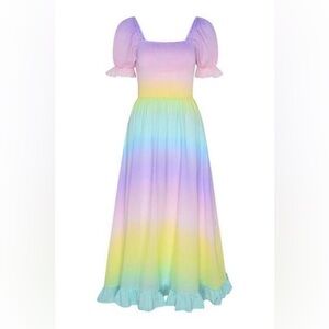 Olivia Rubin Isolde pastel rainbow shirred smocked cotton mid sun dress